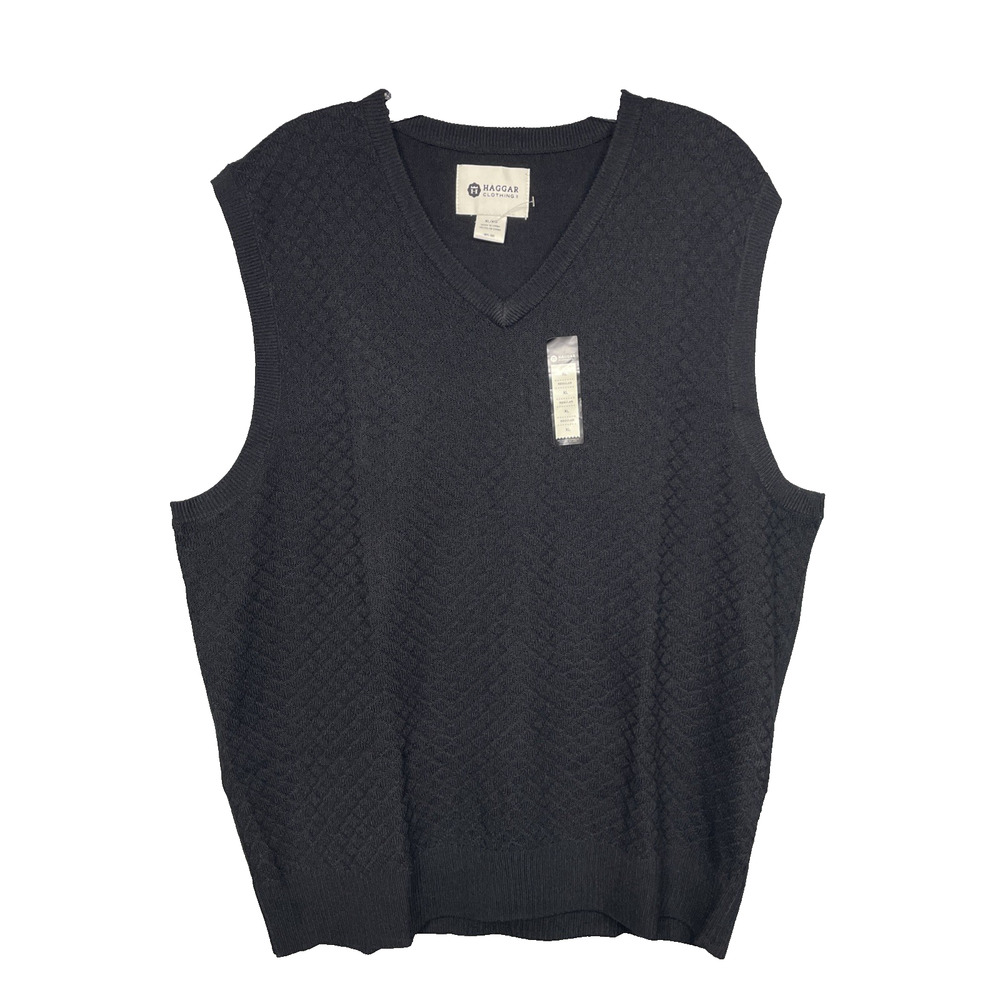 Haggar Mens XL Black Sweater Vest V Neck Textured Knit Acrylic Classic NWOT Golf